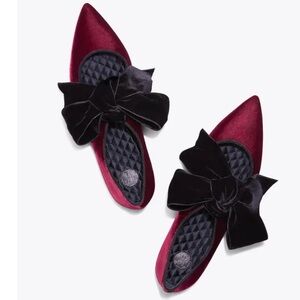 Tory Burch Burgundy Velvet Flats with Black Bow